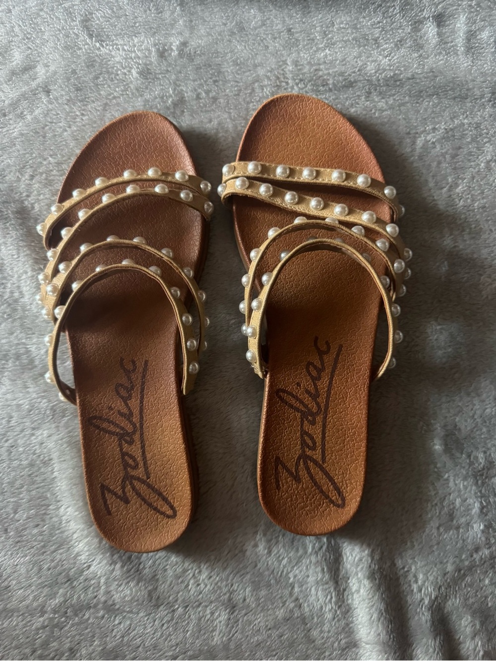 Zodiac Tan Slide Sandals with Pearl-Embellished Straps